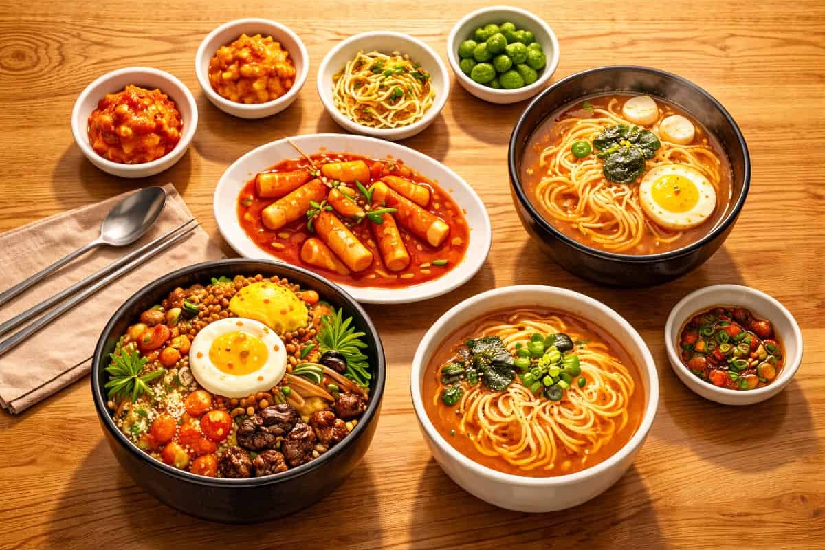 Table coréenne avec banchan et plats vus dans les manhwa